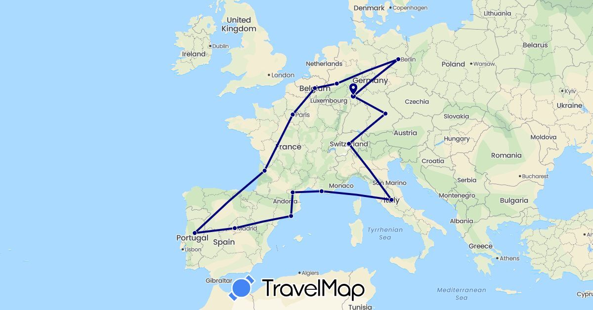 TravelMap itinerary: driving in Belgium, Switzerland, Germany, Spain, France, Italy, Portugal (Europe)