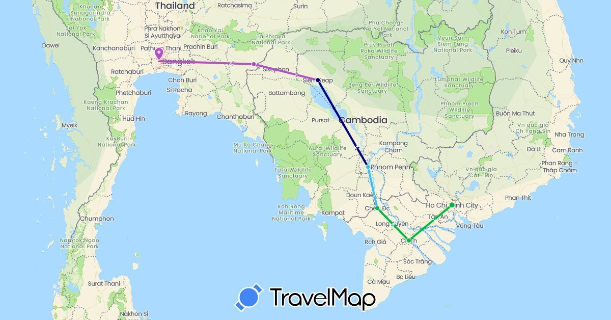 TravelMap itinerary: driving, bus, train, boat in Cambodia, Thailand, Vietnam (Asia)